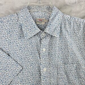 Faherty Button Down Shirt Mens Medium White Blue Leaf Print Short Sleeve Cotton